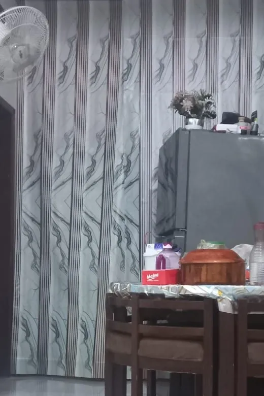 A printed flex curtain hung in a home to divide the living room from the stairs